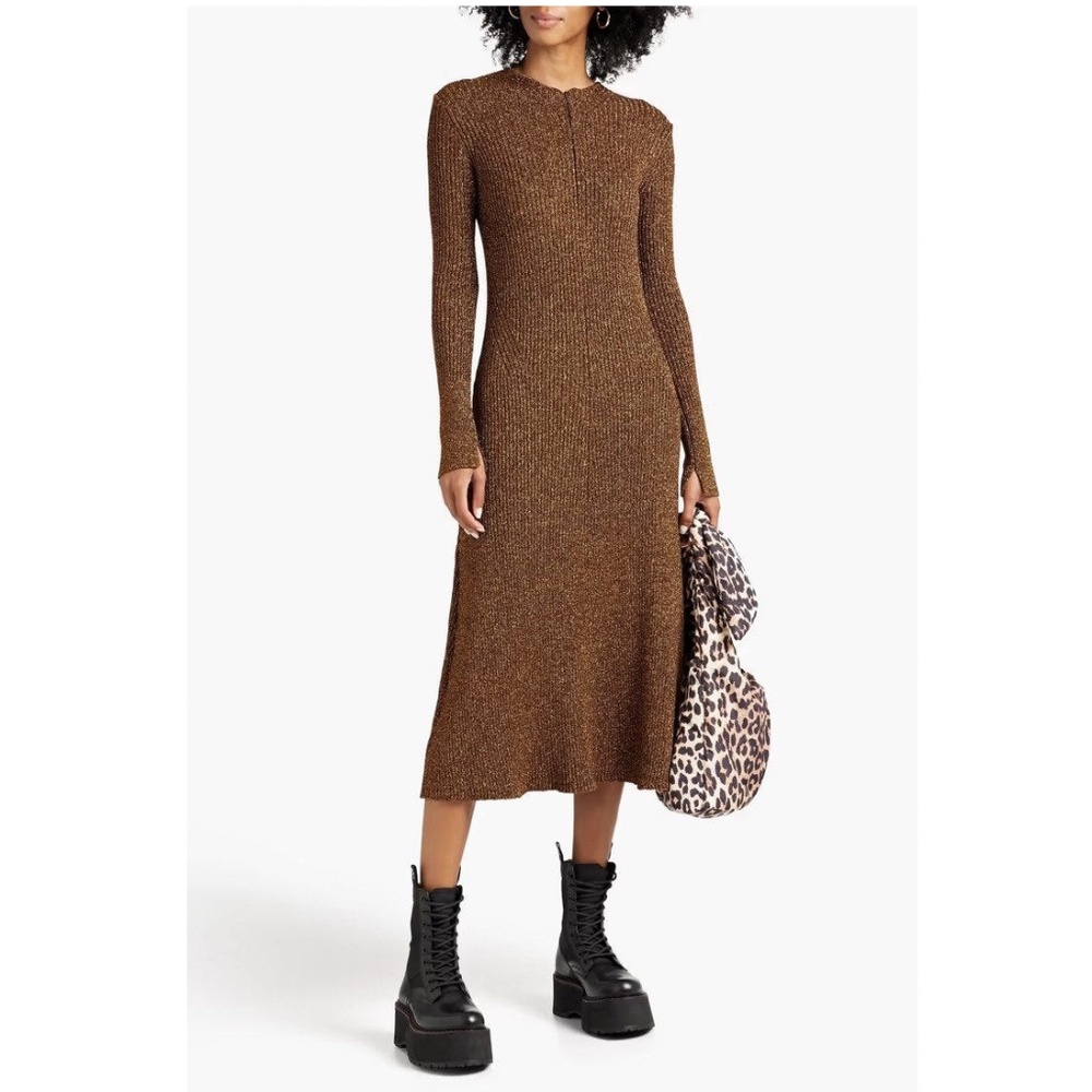 Ganni gold metallic ribbed knit midi dress Small